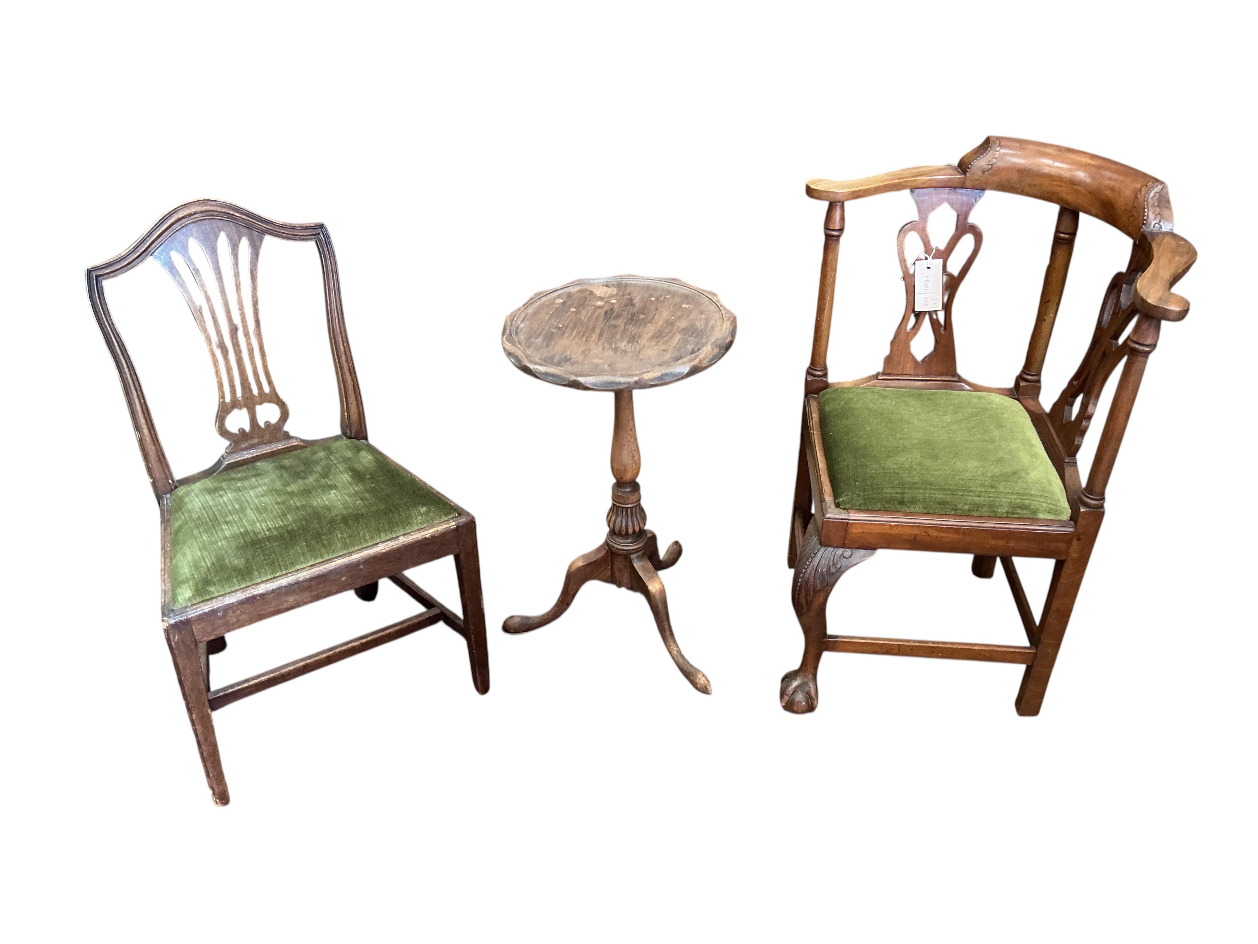 A George III style child's mahogany corner elbow chair, one other child's chair and a tripod wine table